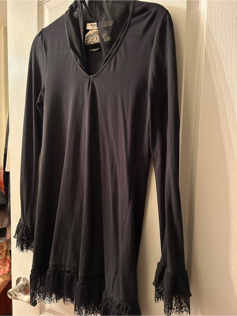 Black Long-Sleeve V-Neck Top with Lace Trim